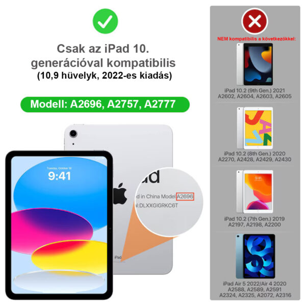 Védőtok iPad 11″-hez (11. generáció, 2025 – A16) és iPad 10,9″-hez (10. generáció, 2022), inteligens tok háromrészes, összecsukható állvánnyal, ultra-vékony hátlappal, fekete színben. - Image 3