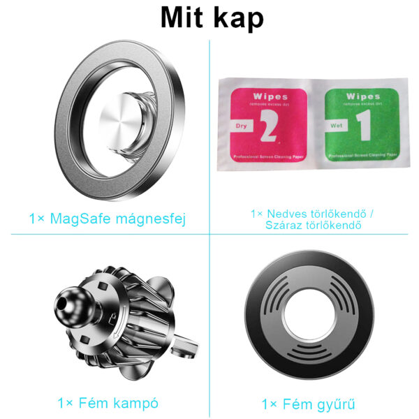 Univerzális mágneses autós tartó MagSafe-kompatibilitással, szellőzőrács-rögzítéssel Samsung, iPhone és Xiaomi készülékekhez, 360°-os forgathatósággal, szerelőkészlettel és tisztítókendőkkel, fekete színben, töltés nélkül – ideális Bolt és Uber sofőrök számára. - Image 2