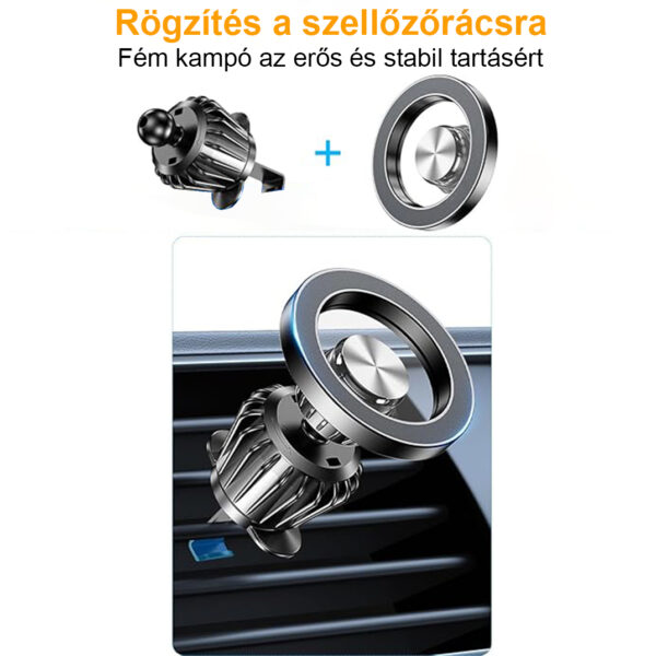 Univerzális mágneses autós tartó MagSafe-kompatibilitással, szellőzőrács-rögzítéssel Samsung, iPhone és Xiaomi készülékekhez, 360°-os forgathatósággal, szerelőkészlettel és tisztítókendőkkel, fekete színben, töltés nélkül – ideális Bolt és Uber sofőrök számára. - Image 5