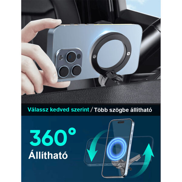 Univerzális mágneses autós tartó MagSafe-kompatibilitással, szellőzőrács-rögzítéssel Samsung, iPhone és Xiaomi készülékekhez, 360°-os forgathatósággal, szerelőkészlettel és tisztítókendőkkel, fekete színben, töltés nélkül – ideális Bolt és Uber sofőrök számára. - Image 9