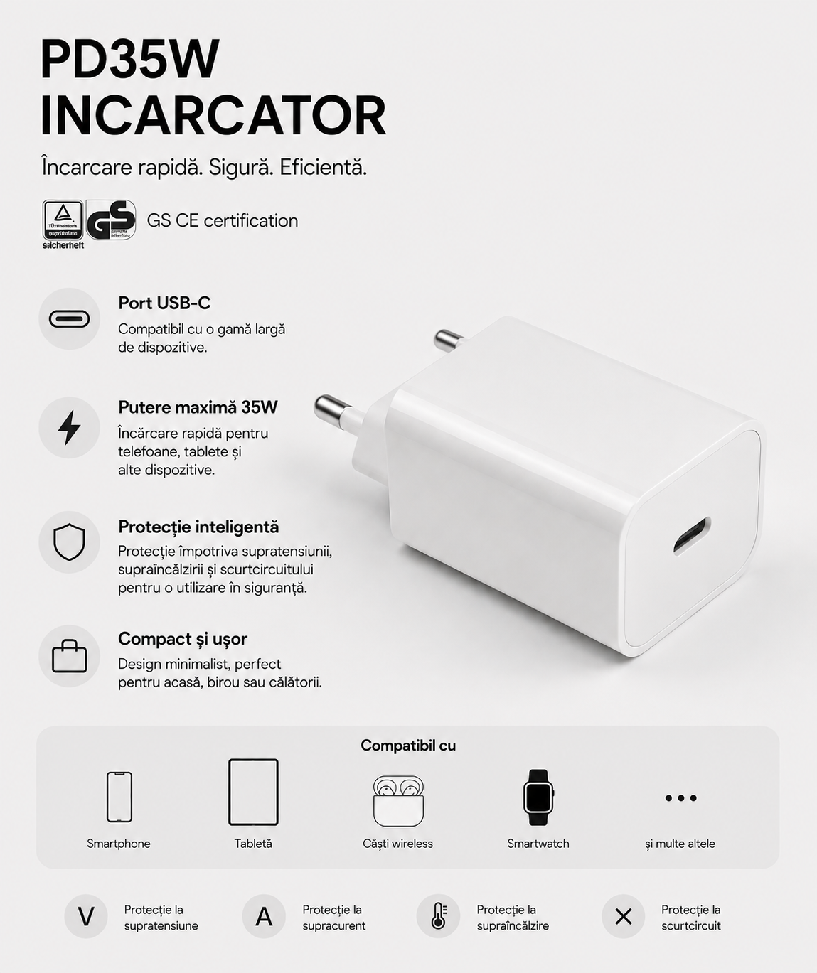 35 W-os Fast Charge telefon- és táblagéptöltő, Power Delivery, Quick Charge, USB-C – univerzális gyorstöltő iPhone, Samsung, Galaxy Tab, Xiaomi, Huawei, Google Pixel, OnePlus és iPad készülékekhez - Image 2